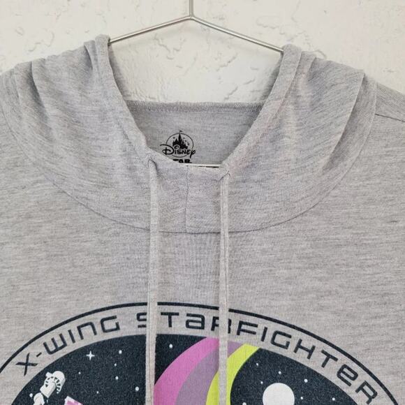 Disney X Wing Starfighter Star Wars Hooded Tee Mens Unisex Sz S Gray Long Sleeve - Picture 5 of 9